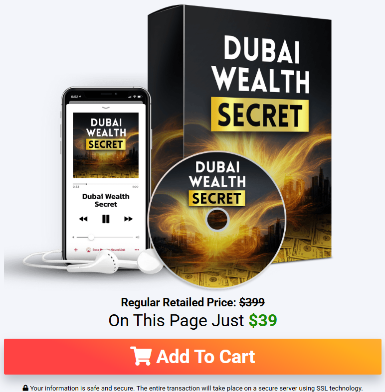 Dubai Wealth Secret product box, CD, and app with price cut from $399 to $39.